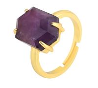 LCDIUDIU Natural Stone Open Rings for Women, Gold Hexagonal Setting Reiki Faceted Amethyst Energy Gem Adjustable Finger Circlet Thumb Band Jewelry Gift for Girlfriend Wife Purple Amethyst