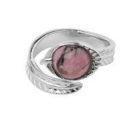 LCDIUDIU Natural Stone Open Rings for Women, Silver Carved Leaf Setting Round Reiki Obsidian Energy Gem Adjustable Finger Circlet Thumb Band Jewelry Girlfriend Wife Mom Gift Line Rhodonite