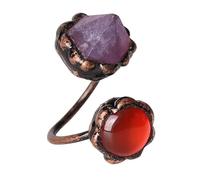 LCDIUDIU Natural Stone Open Rings, Vintage Distressed Flower Setting Reiki Amethyst Double Energy Gem Adjustable Finger Circlet Thumb Band Jewelry Gift for Girlfriend Wife Red Agate