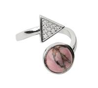 LCDIUDIU Natural Stone Rings for Women, Silver Triangular Zircon Inlaid Round Energy Lazuli Lapis Gemstone Rings Open Adjustable Finger Circlet Thumb Band Reiki Jewelry Gift Line Rhodonite
