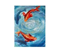 LCDIUDIU Oil Canvas Paintings for Living Room, Modern Abstract Blue Texture Swirl Red Koi Fish Hand Painted Artwork Unframed Wall Art for Dining Room Office Home Decor 90X130Cm(36X52Inch)
