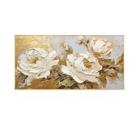 LCDIUDIU Oil Canvas Paintings for Living Room, Modern Abstract White Peony Fortune Flower Hand Painted Artwork Large Unframed Wall Art for Bedroom Office Home Decor 50X100Cm(19.6X39.4Inch)