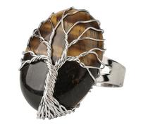 LCDIUDIU Oval Shaped Stone Rings, Silver Wire Wrapped Tree Of Life Energy Crystal Gemstone Rings Open Adjustable Finger Circlet Thumb Band Reiki Jewelry Gift for Wife Mom Tiger Eyestone
