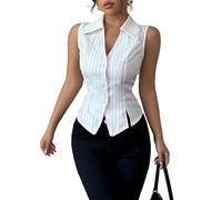 LCDIUDIU Pinstripe Suit Vest Women, White Lapel V Neck Button Down Slit Hem Tunic Waistcoat Sexy Gilet Summer Casual Slim Fit Work Office Cropped Tops White S