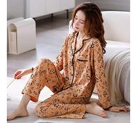 LCDIUDIU Pyjamas For Women,Women'S Cotton Pyjama Sets Orange Lapel Floral Button Pockets Elegant Cosy Warm Long Sleeve Pjs Top &Amp; Bottoms Set Loungewear Nightwear Soft Sloth Sleepwear Xmas Gift,M