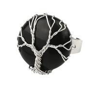LCDIUDIU Round Natural Stone Rings, Silver Wire Wrapped Tree Of Life Round Stone Gemstone Rings Open Adjustable Finger Circlet Thumb Band Reiki Jewelry Gift for Her Girlfriend Wife Black Onyx