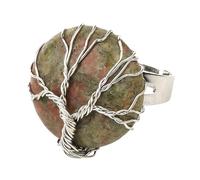 LCDIUDIU Round Natural Stone Rings, Silver Wire Wrapped Tree Of Life Round Stone Gemstone Rings Open Adjustable Finger Circlet Thumb Band Reiki Jewelry Gift for Her Girlfriend Wife Unakite