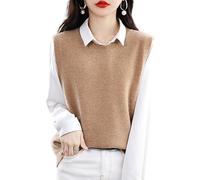 LCDIUDIU Round Neck Wool Knitted Vest Tops For Women,Camel Sleeveless Sweater Vest Vintage Pullover Tank Top Ribbed Knit Hem Jumpers Gilets Casual Basic Knitwear Waistcoats,S