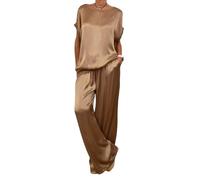 LCDIUDIU Satin Silk Lounge Wear Co Ord Sets for Women 2 Pieces Tracksuit Full Set Ladies Pjs Loungewear Sleepwear Homewear Leisure Summer Fall Tracksuit Brown M