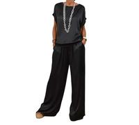 LCDIUDIU Satin Silk Lounge Wear Co Ord Sets for Women 2 Pieces Tracksuit Full Set Ladies Pjs Loungewear Sleepwear Homewear Leisure Summer Fall Tracksuit Black 3XL