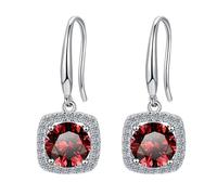 LCDIUDIU Silver Dangle Earrings for Women 925 Sterling Silver, Hollow Square Inlaid Round Cut Zircon Drape Ear Hooks Hypoallergenic Dangling Birthstone Earrings Jewelry Gift Red
