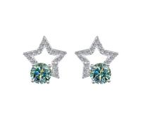 LCDIUDIU Silver Earrings for Women 925 Sterling Silver Studs, Hollow Stars Inlay Round Cut Zirconia Hypoallergenic Earrings Birthstone Gem Jewelry Gift for Women Girls Green