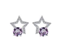 LCDIUDIU Silver Earrings for Women 925 Sterling Silver Studs, Hollow Stars Inlay Round Cut Zirconia Hypoallergenic Earrings Birthstone Gem Jewelry Gift for Women Girls Purple