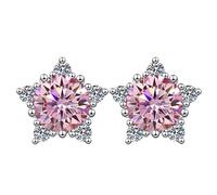 LCDIUDIU Silver Earrings for Women 925 Sterling Silver Studs, Stars Shape Inlay Round Cut Zirconia Hypoallergenic Earrings Birthstone Gem Jewelry Gift for Women Wife Mom Pink