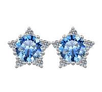 LCDIUDIU Silver Earrings for Women 925 Sterling Silver Studs, Stars Shape Inlay Round Cut Zirconia Hypoallergenic Earrings Birthstone Gem Jewelry Gift for Women Wife Mom Blue