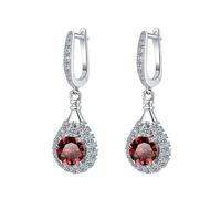 LCDIUDIU Silver U Hoop Earrings for Women 925 Sterling Silver, Dangle Teardrop Inlay Round Cut Cubic Zirconia Hypoallergenic Hinged Earrings Birthstone Gem Elegant Jewelry Gift Red