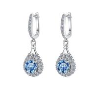 LCDIUDIU Silver U Hoop Earrings for Women 925 Sterling Silver, Dangle Teardrop Inlay Round Cut Cubic Zirconia Hypoallergenic Hinged Earrings Birthstone Gem Elegant Jewelry Gift Blue