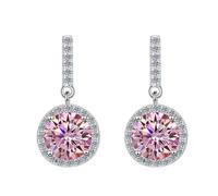 LCDIUDIU Sterling Silver 925 Big Stud Dangle Earrings, Bar Zircon Dangling Purple Round Cut Gemstone Hypoallergenic Studs Birthstone Earring Jewelry Gift for Women Wife Mom Pink