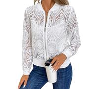 LCDIUDIU Summer Bomber Jackets for Women, White Long Sleeves Zip Up Sheer Aztec Totem Lace Lightweight Jacket Casual Thin Pilot Aviator Baseball Coat Cropped Boho Top White M