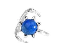 LCDIUDIU Sun Moon Shaped Natural Stone Rings, Silver Inlay Zircon Round Energy Tiger Eyestone Gemstone Rings Open Adjustable Finger Circlet Thumb Band Reiki Jewelry Gift Lapis