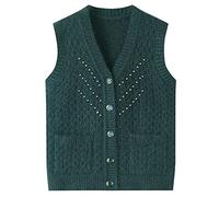 LCDIUDIU Sweater Vest For Women,Women Knitted Gilets Vintage Thicken Dark Green Jacquard Bead V-Neck Pocket Cardigan Sweater Vest Autumn Loose Soft Sleeveless Knit Tank Top Elderly Ladies Waistcoat
