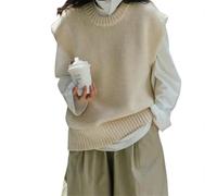 LCDIUDIU Sweater Vest For Women,Women Knitted Sweater Vest Casual Oversized Plain Beige Round Neck Sleeveless Pullover Gilets Spring Fashion Loose Soft Sweaters Knit Tank Top Cami Waistcoat,One Size