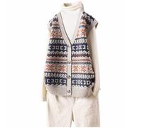 LCDIUDIU Sweater Vest,Women’S V Neck Sweater Vest Retro Navy Blue Cardigan Jacket Striped Snowflake Jacquard Xmas Sleeveless Knitted Gilets Waistcoat Preppy Style Jumper Uniform Tank Top,Beige, L