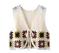 LCDIUDIU Sweater Vests,Womens Flower Crochet Waistcoat Retro Khaki Hollow Square Flowers Sleeveless Open Front Tie Short Vest Shawl Cardigan Knit Boho Hippie Gilet Blouse Summer Bikini Cover Up,Beige