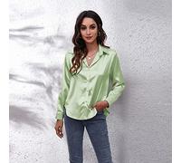 LCDIUDIU Tops For Women Uk,Women'S Light Green Solid Color Satin Faux Silk Lapel Buttons Basic Summer Blouses Long Sleeve Elegant Casual Stylish Tops Loose Shirt,L