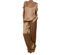 LCDIUDIU Two Piece Trouser Set Outfit Women Summer, Beige Silky Satin Crew Neck Pullover T-Shirt Top Elastic Waist Tie Wide-Leg Pants Co Ord Sets Daily Leisure Outfits Brown Xl