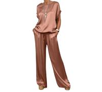 LCDIUDIU Two Piece Trouser Set Outfit Women Summer, Beige Silky Satin Crew Neck Pullover T-Shirt Top Elastic Waist Tie Wide-Leg Pants Co Ord Sets Daily Leisure Outfits Chocolate L