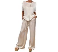 LCDIUDIU Two Piece Trouser Set Outfit Women Summer, Beige Silky Satin Crew Neck Pullover T-Shirt Top Elastic Waist Tie Wide-Leg Pants Co Ord Sets Daily Leisure Outfits Beige L