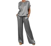 LCDIUDIU Two Piece Trouser Set Outfit Women Summer, Beige Silky Satin Crew Neck Pullover T-Shirt Top Elastic Waist Tie Wide-Leg Pants Co Ord Sets Daily Leisure Outfits Grey M