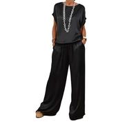 LCDIUDIU Two Piece Trouser Set Outfit Women Summer, Beige Silky Satin Crew Neck Pullover T-Shirt Top Elastic Waist Tie Wide-Leg Pants Co Ord Sets Daily Leisure Outfits Black L