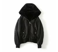 LCDIUDIU Winter Coat Women'S Bomber Jacket Faux Fur Hooded Parka Jacket Reversible Fleece Jacket Stylish Short Zipper Jacket Warm Puffer Padded Jacket Double-Side Transition Jacket Outwear,Black,S