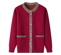 LCDIUDIU Women Fleece Lined Knitted Cardigans,Old Lady Cardigan Sweaters Coat Vintage Diamond Grid Long Sleeve Button Warm Sherpa Knit Outerwear Soft Thicken Winter Jacket,Burgundy Red,S