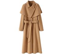 LCDIUDIU Women Long Wool Cape Coat Red, Long Sleeves Lapel Detachable Cloak Cashmere Shawl Poncho Jacket Fall Winter Warm Stylish Party Wedding Elegant Overcoat with Belt Camel Xs