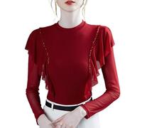 LCDIUDIU Women Mesh Sheer Crop Top Long Sleeve T Shirt, Red Crew Neck Ruffled Beaded Trim Tunic Stretch Blouse Elegant Slim Fit Party Work Travel Base Layer Crop Tops Red S