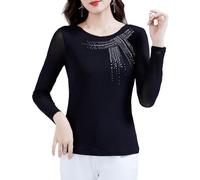 LCDIUDIU Women Sheer Lace Mesh Crop Top, Black Round Neck Bow Hot Diamond See Through Stretch Pullover T Shirt Stylish Slim Fit Elegant Party Work Tunic Blouse Base Layer Black L