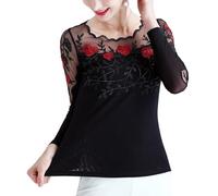 LCDIUDIU Women Sheer Lace Mesh Crop Top, Red Round Neck See Through Rose Flower Hot Drilling Mesh Stretch Pullover T Shirt Stylish Slim Fit Elegant Base Layer Tunic Blouse Red M