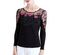 LCDIUDIU Women Sheer Lace Mesh Crop Top, Red Round Neck See Through Rose Flower Hot Drilling Mesh Stretch Pullover T Shirt Stylish Slim Fit Elegant Base Layer Tunic Blouse Rose XL
