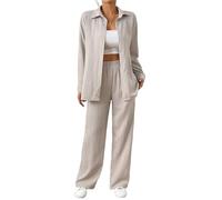 LCDIUDIU women Trouser Suit Two-piece Elegant Muslin Blouse Long Sleeves and linen pants long Casual Lounge Set leisure Suit plus size Outfit Autumn Beige M