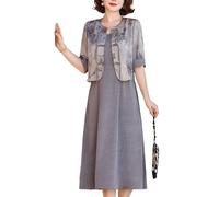 LCDIUDIU Womens 2 Piece Outfit Elegant Dresses, Green Crew Neck Leaf Print Button Cardigan Jacket Top Sleeveless Pleated Sundress Co Ord Sets Summer Elegant Wedding Guests Dress Grey Xl