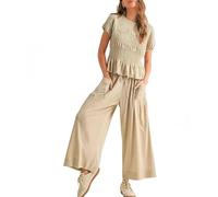 LCDIUDIU Women'S 2 Piece Outfits Lounge Sets, Green Round Neck Short Sleeve Elastic Shirred Slim T-Shirt Elastic Drawstring Wide-Leg Trousers Summer Elegant Co Ord Outfits Beige L