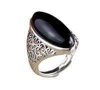 LCDIUDIU Womens 925 Sterling Silver Open Adjustable Rings, Large Size Retro Hollow Inlaid Oval Black Onyx Stone Band Jewelry for Dinner Party Wedding Finger Circlet Gift
