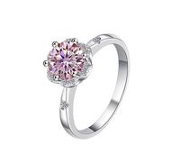 LCDIUDIU Womens 925 Sterling Silver Simple Open Adjustable Rings, Flower Shape Inlay Round Cut 1Ct Moissanite Rings Finger Circlet Thumb Band Gemstone Jewelry Gift for Wife Girlfriend Pink