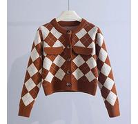 LCDIUDIU Womens Cardigan,Women'S Short Knitted Cardigans Preppy Style Brown Argyle Plaid Button Long Sleeve Open Front Sweaters Cardigan Autumn Vintage Soft Knit Outerwear Jacket Coat,1 Fit S,M