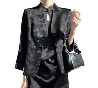 LCDIUDIU Womens Casual 3/4 Sleeve One Button Cropped Collarless Blazer, White Jacquard Bolero Cardigan Transitional Jacket Stylish Tunic Office Work Wedding Outerwear Tops Black L