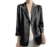LCDIUDIU Womens Casual Summer 3/4 Sleeve Silky Satin Lightweight Blazer, Camel Suit Notch Lapel One Button Cardigan Transitional Suit Jacket Formal Office Work Wear Outerwear Tops Black L