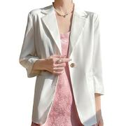 LCDIUDIU Womens Casual Summer 3/4 Sleeve Silky Satin Lightweight Blazer, Camel Suit Notch Lapel One Button Cardigan Transitional Suit Jacket Formal Office Work Wear Outerwear Tops White Xs